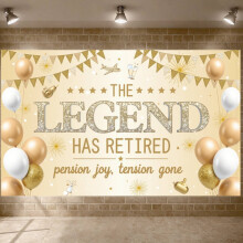 Gold Glitter Retirement Banner with White Balloons & Stars – Pension Party Backdrop, Farewell Gathering Decor (Compatible with Standard Pole Setup)