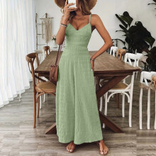 Tuta intera da donna senza maniche con scollo a V e gamba larga, spalline regolabili e fiocco sul retro, primavera estate, modello fluido, verde,
