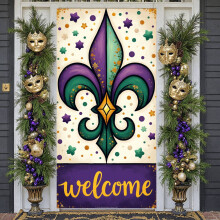 Colorful Polka Dots Mardi Gras Banner – Gold Glitter, Purple & Green Decorative Backdrop for Welcome Event & Festival Celebration
