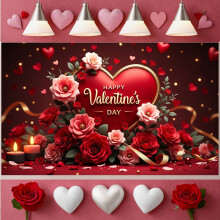 Red Heart Valentine’s Day Banner – Pink Flower, Balloon & Cupcake Design Romantic Backdrop for Dance Party & Celebration – Compatible with