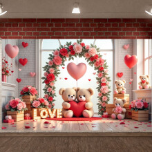 Red Heart Valentine’s Day Banner – Pink Flower, Balloon & Cupcake Design Romantic Backdrop for Dance Party & Celebration (Compatible with