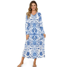 Women's Cozy Button-Front Sleepshirt, Soft Long Sleeve Nightgown – Full-Length Floral Sleepwear for Bedroom & Lounge, 2XL, Blue