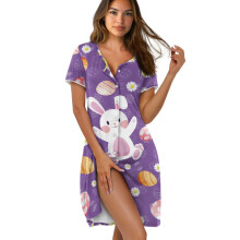 Women's Short Sleeve Button-Down Nightgown, Lightweight Loose-Fit Sleepwear Dress – XS, Easter Bunny/Daisy Design, Compatible with Easter Themes