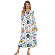 Women's Full-Length Floral Nightgown, Soft Long Sleeve Sleepshirt with Chest Buttons, L, Blue & Pink – Compatible with Home Wear