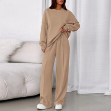 Conjunto casual de otoño para mujer de 2 piezas: sudadera con capucha de manga larga y pantalón ancho, chándal color caqui, talla S