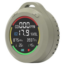 Draagbare 6-in-1 zuurstofdetector met CO-, hoogtemeter-, barometer-, temperatuur- en vochtigheidsmeter, geschikt voor buitenactiviteiten.
