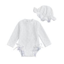 Baby Pige Tøj Langærmet Romper Blomster Hallow Out Sommer Sødt Outfit Med Hue2PCS Sæt Hyggeligt Heldragt