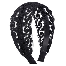 Xinwanna Anti-slip Headband with Teeth, Elegant Wide Hairband for Women – Black, Delicate Lace Embroidery, Party Hair Accessory