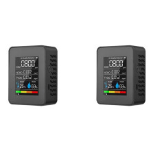 2X 5 in 1 Luchtkwaliteit Monitor TVOC HCHO Temperatuur Vochtigheid CO2 Meter, USB Oplaadbare CO2 Detector Zwart