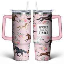 Rosa Aquarell-Pferd-Becher, 887 ml (30 oz), Edelstahl, vakuumisoliert, mit Griffdeckel und Strohhalm – Süßes Geschenk für Frauen, Männer und