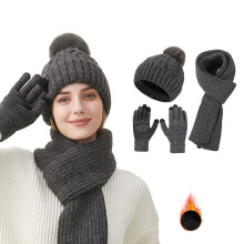 Autumn And Winter Woolen Hats Scarves Gloves Three Piece Warm Double Pile Knitted Women's Knitted Hats