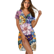 Women's Cozy Short Sleeve Button-Down Nightgown, Above-Knee House Dress, Boho Flower Print – S, Compatible with Home & Sleep