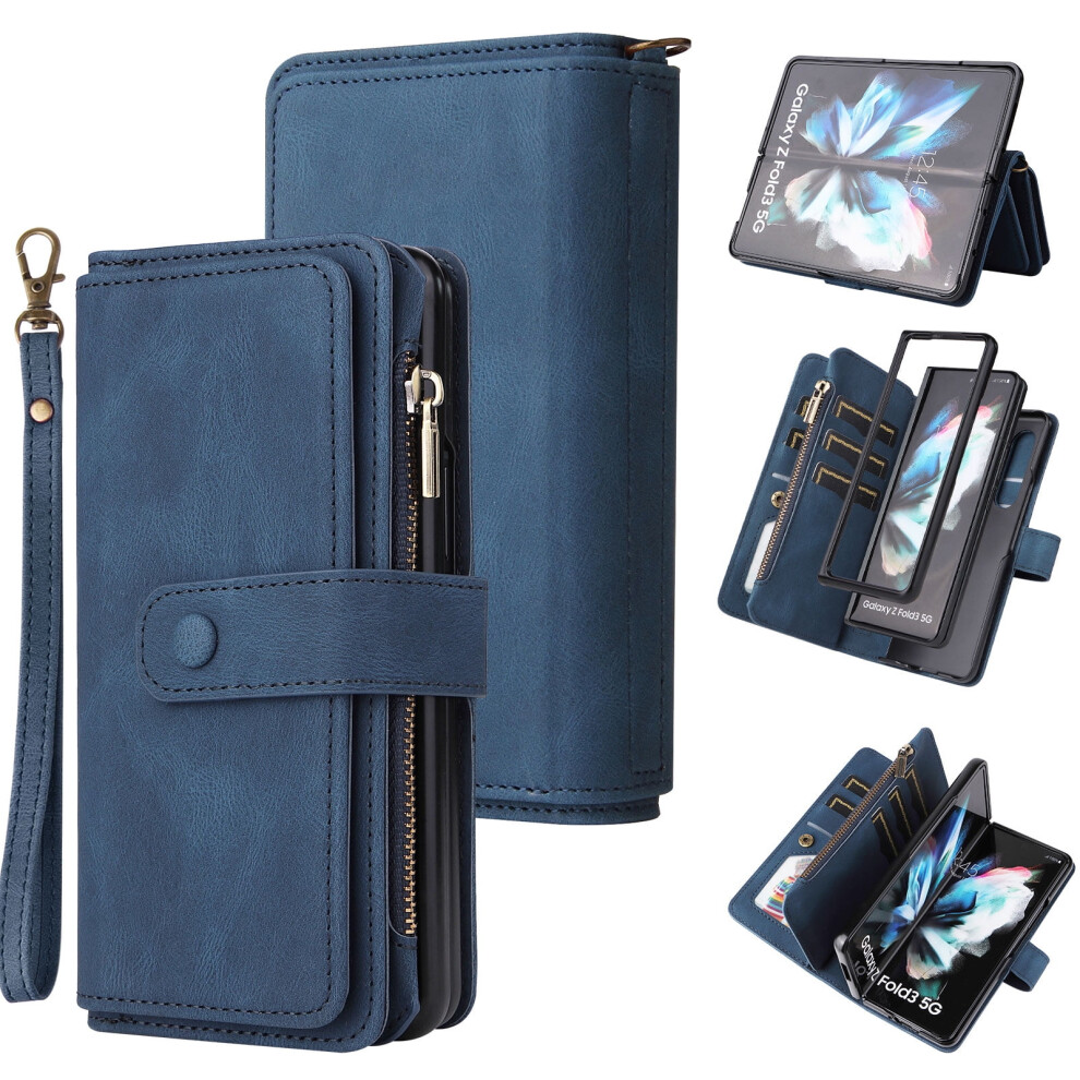 Samsung Galaxy Z Fold 4 5G Wallet Case Â Luxury Leather Folio With Zipper Pocket, Wrist Strap & Kickstand, Blue 9479868038516