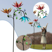 Large Metal Wind Spinner With 3 Spinning Flowers And Butterflies For Yard Garden Outdoor Decoration, 2-Pack