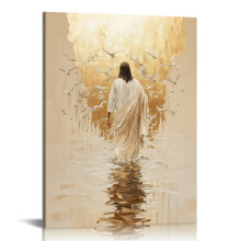 Jesus Walks on Water Wall Art – Christian Canvas Print, Easter Decor, Religious Gift for Church, Prayer Room, Living Room (Wooden Framed)