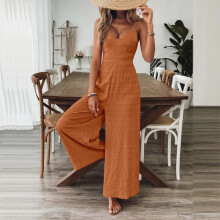 Tuta intera da donna con scollo a V, senza maniche, gamba larga, spalline regolabili e fiocco sul retro, primavera estate, tuta fluida, giallo terra,