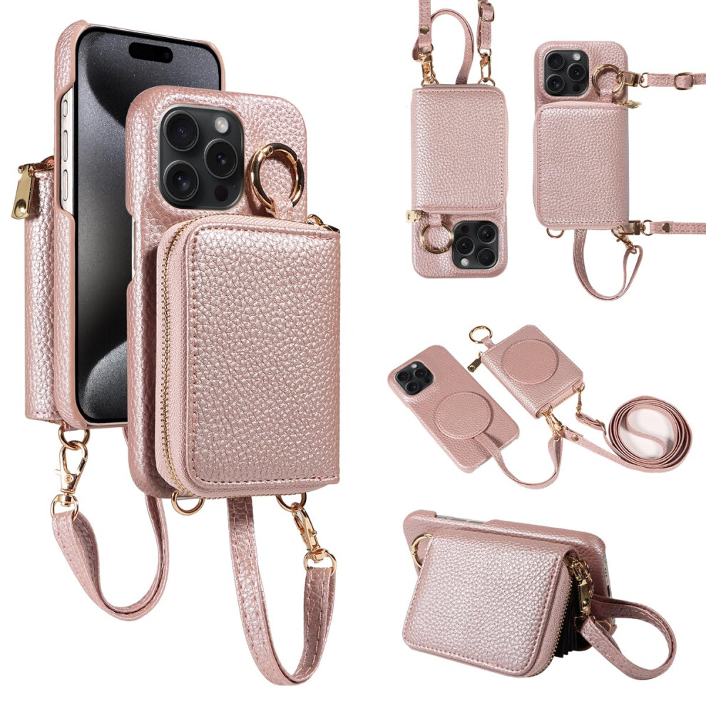 Leather Wallet Case With Zipper And Card Holder, Rose Shoulder Strap, Magnetic Buckle For Iphone 16 Plus Gold 9092120207958