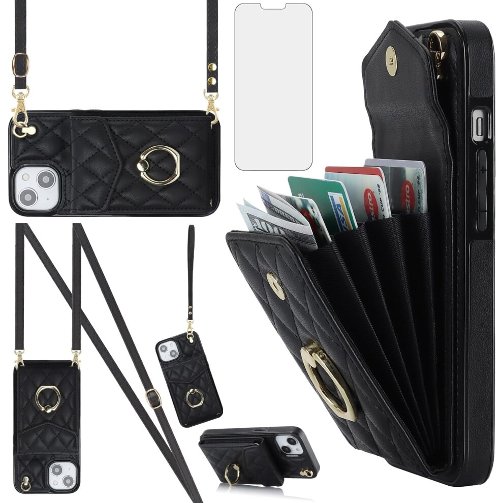 Iphone 15 6.1" Wallet Case W/ Tempered Glass, Wrist Strap, Ring, Rfid Blocking Card Holder Â Compatible With Iphone 15 5G 9365509208304
