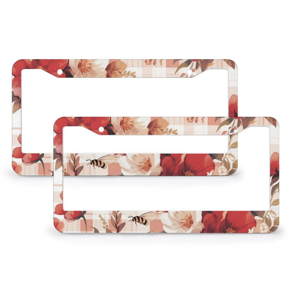 Summer Bee Floral Buffalo Plaid License Plate Frame Â 2Pcs, Aluminum, Compatible With Us Standard Plates Red 9479868038943