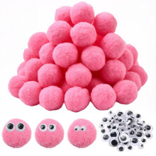 200 st. Alla hjärtans dag, 2,5 cm pompombollar, fluffig pompom i polyester, liten rosa, konst- och hantverkspompomboll med vickögon