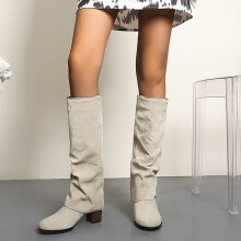 Botas femininas Symoid - Botas de inverno de cano alto em camurça branca lisa, com salto alto grosso e bico fino, tamanho 43.
