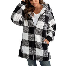 Damesjas met capuchon, lange mouwen, losse pasvorm en zakken, geruit, warm en comfortabel, zwart, S
