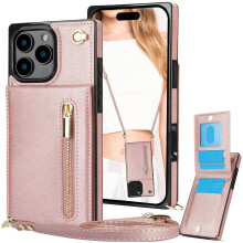 CCSmall Wallet Case for iPhone 16 Pro Max – RFID-Blocking Leather Flip Cover with Card Holder, Crossbody Strap & Lanyard – ZP Rose