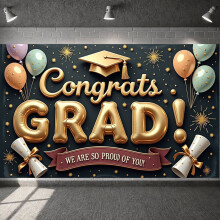 Gold Foil "Congrats Grad" Banner with Star Pattern & Dark Backdrop – Latex Balloon Set for High School/College Graduation Ceremony
