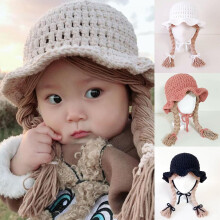 harmtty Fashion Baby Girls Braided Wig Chin Strap Knitted Cap Bucket Hat Photo Prop,Pink
