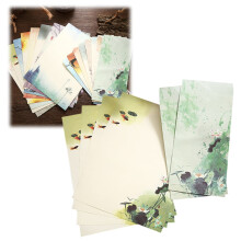Set de papetărie vintage cu flori de lotus: 4 foi liniate + 2 plicuri pentru bilețele de mulțumire, invitații și exersarea caligrafiei