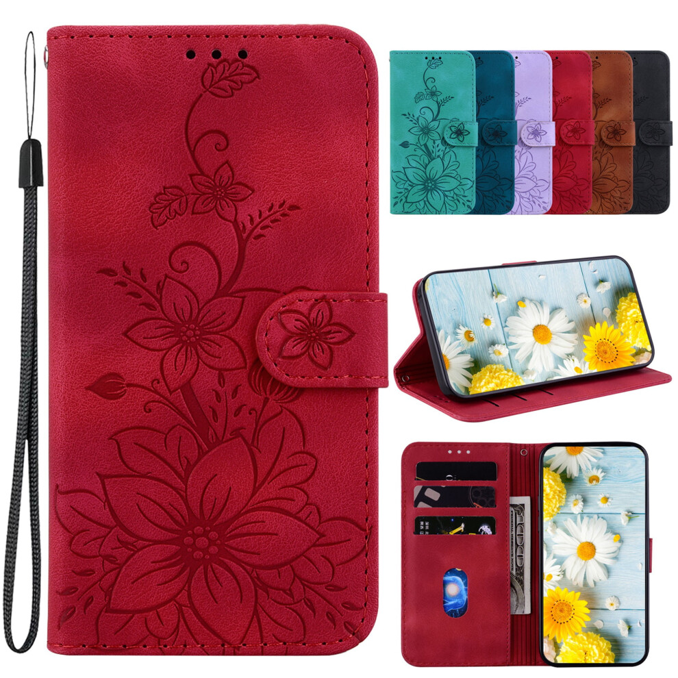 Iphone 14 Wallet Case Â Pu Leather Folio With Card Holders, Wrist Strap & Kickstand, Lily (Compatible With Iphone 14) Red 9028731263458