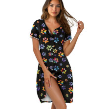 Women's Cozy Short Sleeve Buttoned Housecoat, Above-Knee Sleep Dress, Lightweight Loungewear – M, Black with Colorful Paw Print, Compatible with