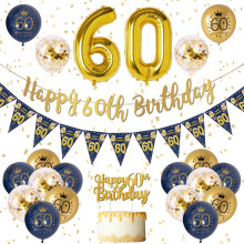 60th Birthday Decorations for Men – Navy Blue & Gold Latex Balloons, Banner, Confetti Balloons – Party Supplies