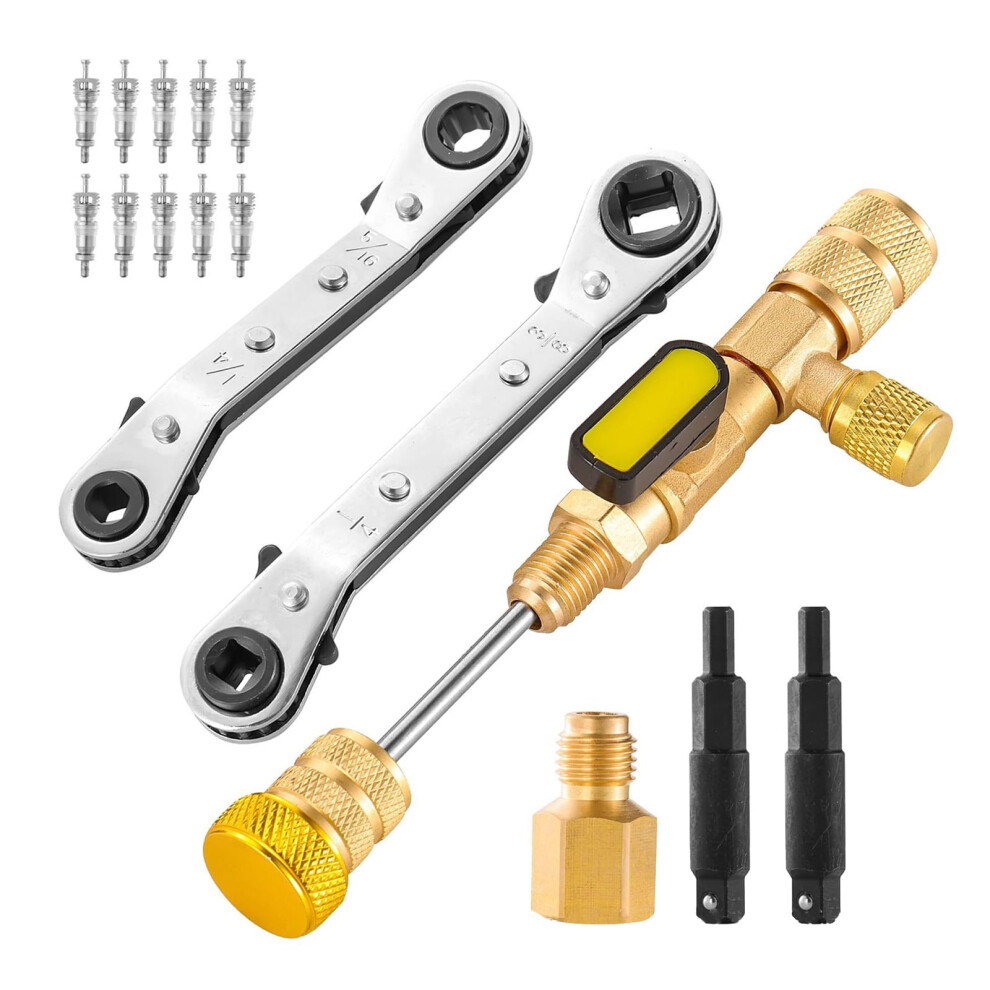 Multifunction Refrigerator Service Key Wrench Set Cores Removal Tool And 10 Valves Cores For Hvac Equipment Maintenance 9028731055824