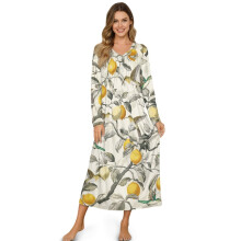 Women's Long Sleeve V-Neck Nightgown – Soft Button-Front Sleepshirt, Long Length Lounge Wear, Compatible with Hummingbird Lemon Design, Size 2XL
