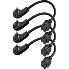 fod fladstik kort forlængerledning, 90 graders stikadapter, lavprofil 3-benet små jordede ledninger 14AWG 15A 1875W 4-pak sort