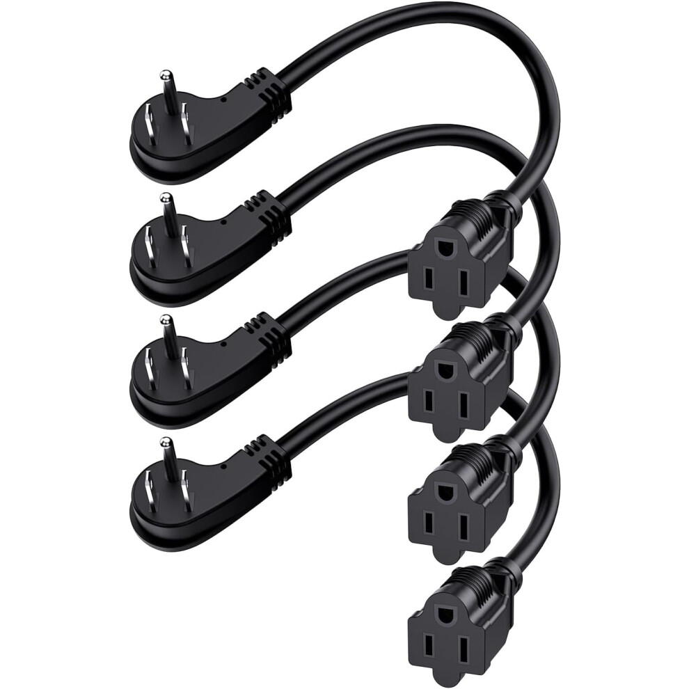 1Ft Flat Plug Short Extension Cord, 90 Degree Plug Adapter, Low Profile 3 Prong Small Grounded Cords 14 Awg 15A 1875W 4 Pack Black 9479868421479