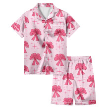 Girls Outfits Set Short Sleeve Bow Print Soft Comfortable Home Clothes Two Piece Button Down Lapel Shirts Shorts Summer Kids 3-13Y Trendy Outfit