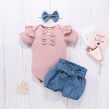 Conjunto de ropa de verano para niñas pequeñas, bebés, bebés, con shorts vaqueros de manga corta y gorro, en liquidación.