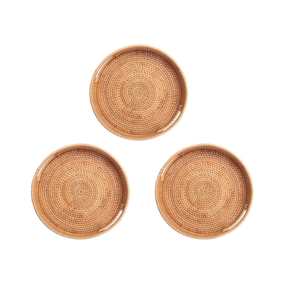 Typecat 3X Round Rattan Woven Serving Tray With Handles Ottoman Tray For Breakfast, Drinks, Snack For Coffee Table Decorative