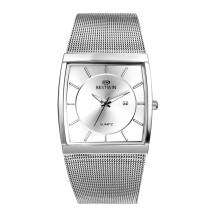Montre homme Business Square étanche sport analogique à quartz avec bracelet en maille d'acier inoxydable et calendrier de la date