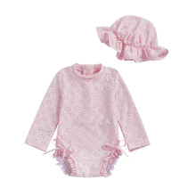Baby Pige Tøj Langærmet Romper Blomster Hallow Out Sommer Sødt Outfit Med Hue 2PCS Sæt Trendy Heldragter