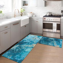 Blue Marble Kitchen Rugs Set of 2 Non-Skid Washable 17x47