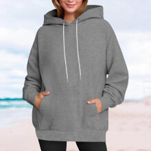 Moletom feminino com capuz, cor sólida, casual, moderno, fino, com bolsos, modelagem solta, manga longa e cordão ajustável.