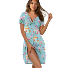 Women's Short Sleeve Nightgown – Soft Button-Up Sleep Dress, Above Knee Loungewear, Easter Egg/Butterfly/Tulip Print, XL, Compatible with Home & Bed