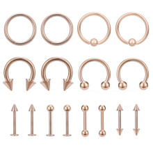 16 stk/parti rustfritt stål neseringer 14/16G øre Labret tunge øyenbryn piercinger - Rose gull - 8mm