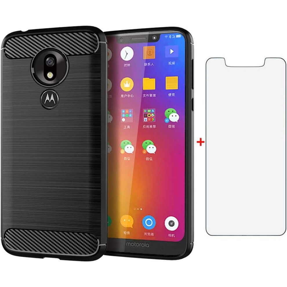 Slim Rubber Phone Case For Motorola Moto G7 Play Optimo (2019) With Tempered Glass Screen Protector Â Black 9365509207512