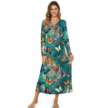 Long Sleeve Nightgown for Women, Soft Button-Front Sleepshirt, Cozy Full-Length Pajama Dress – S, Butterfly Boho Flower Green
