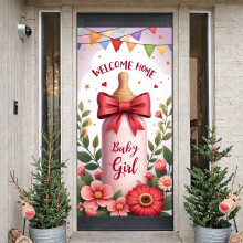 Pink Theme Baby Girl Banner Floral Design Welcome Home Display Red Bow Heart Pattern Newborn Backdrop for Baby Girl Welcome Newborn Party Baby Shower