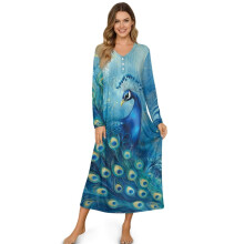 Women's Long Sleeve Button-Front Sleepshirt, Peacock Blue Green, S – Cozy Nightgown for Sleep & Relaxation